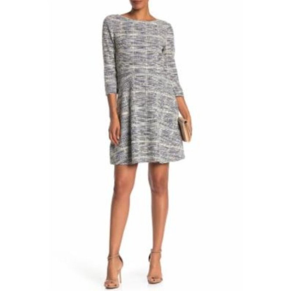 Max Studio Tweed Fit and Flare Skater Dress Blue Black 3/4 Sleeve Size L NWT